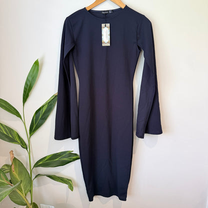boohoo Navy Bell Sleeve Midi Dress - UK 12