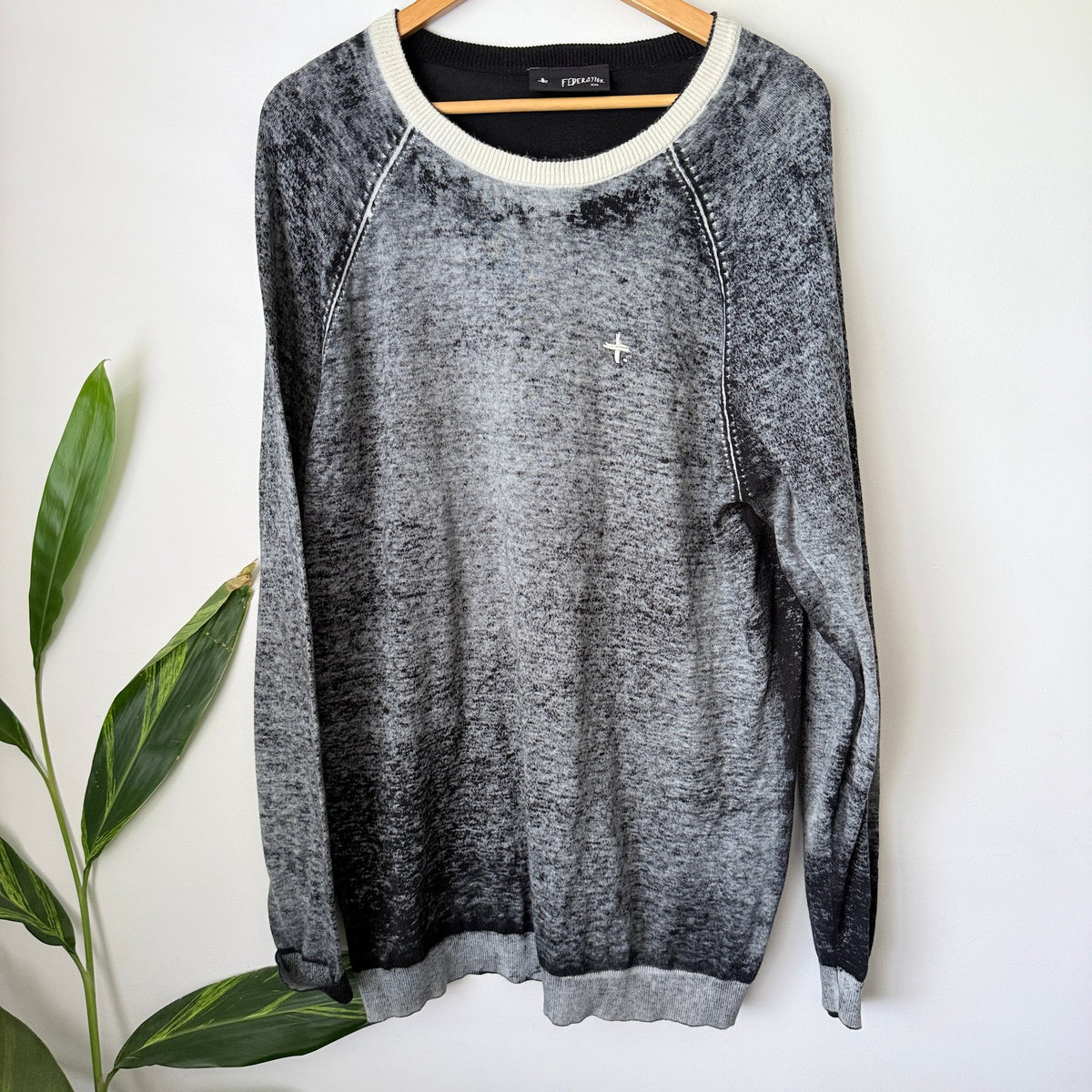 Federation Grey & Black Space Dye Crew Neck Knit Long Jumper Size XXL