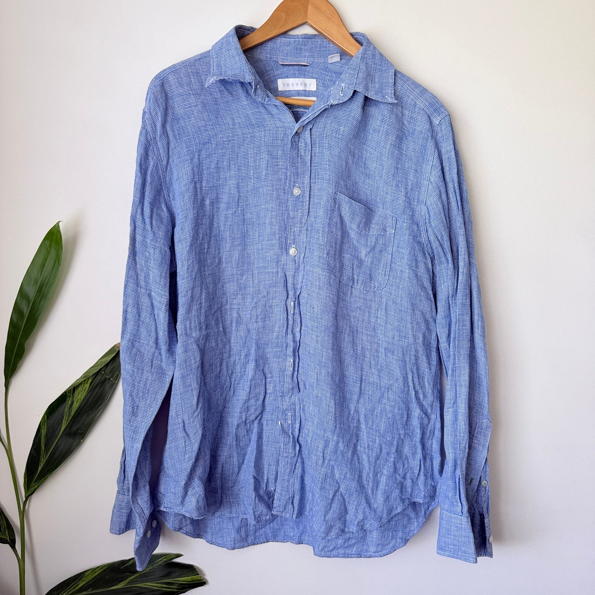 Trenery Blue Houndstooth Linen Shirt Size L