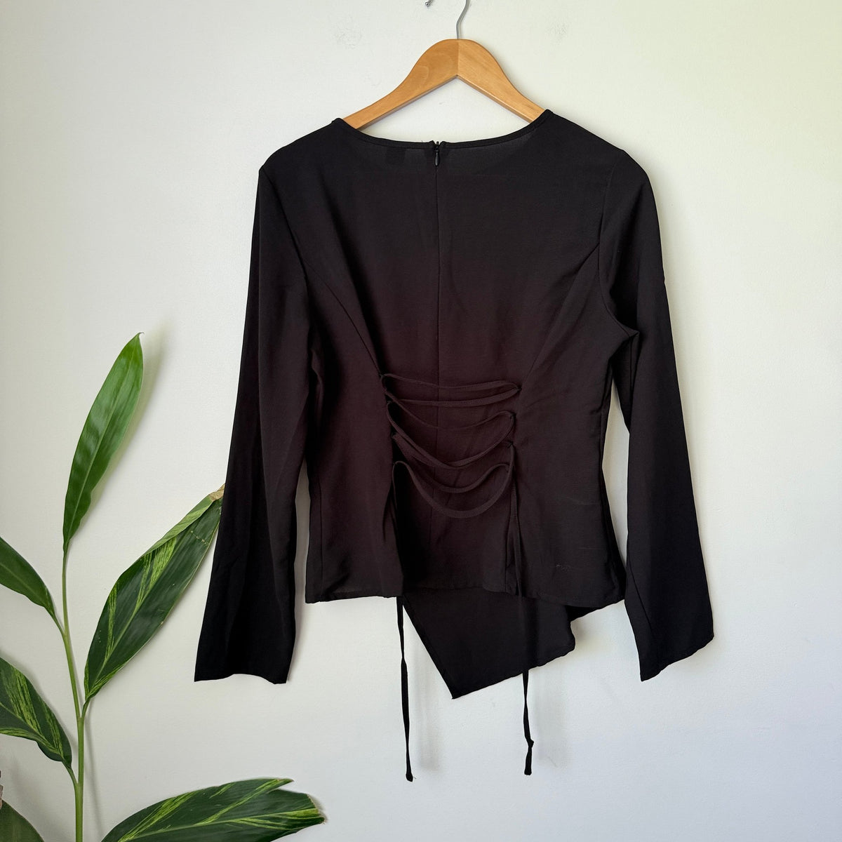 SHEIN Black Asymmetric Lace-Up Back Long Sleeve Top Size M