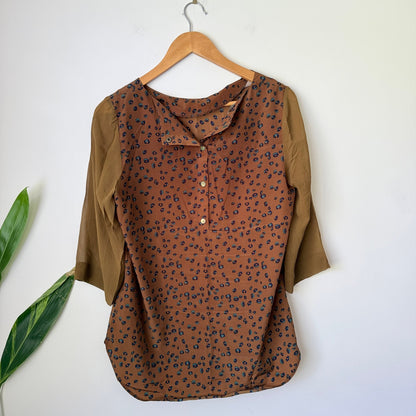 Juliette Hogan Rust Animal Print Silk Trim Blouse Size 12