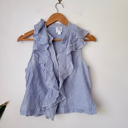 Karen Walker Runway Blue Stripe Ruffle Sleeveless Shirt Size UK 10