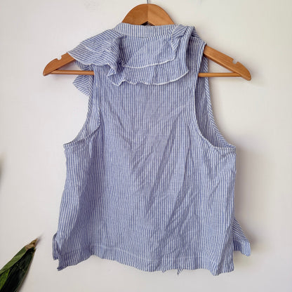 Karen Walker Runway Blue Stripe Ruffle Sleeveless Shirt Size UK 10
