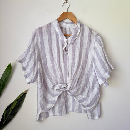 Bingostar Lilac & White Stripe Linen Tie Front Shirt Size U/Arm to U/Arm 48cm