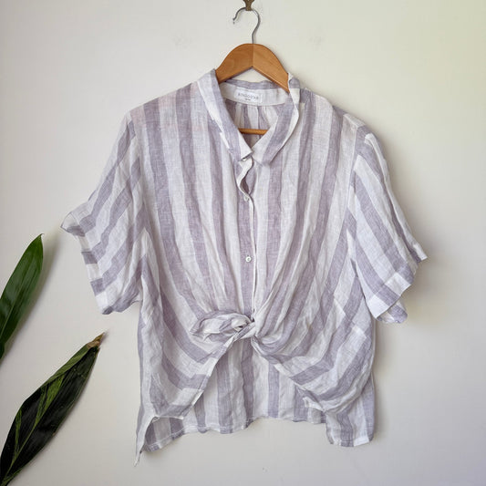 Bingostar Lilac & White Stripe Linen Tie Front Shirt Size U/Arm to U/Arm 48cm