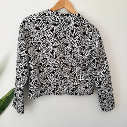 Liam Black & White Paisley Jacquard Cropped Jacket Size 8 (missing button)