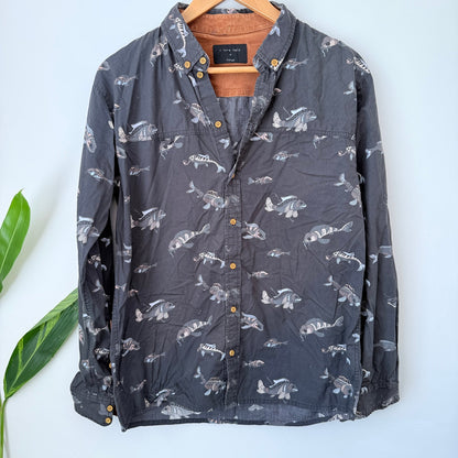 I Love Ugly Charcoal Fish Print Shirt Size L