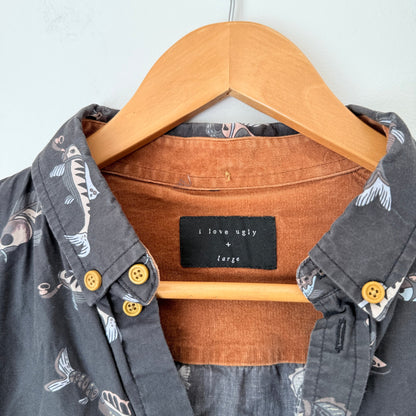 I Love Ugly Charcoal Fish Print Shirt Size L