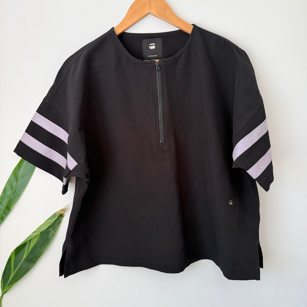 G-Star RAW Black Half Zip Top with Stripe Sleeves Size S