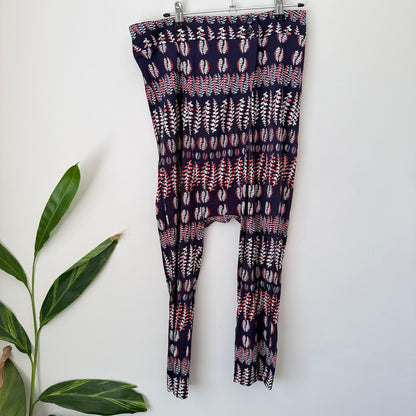 World Navy Leaf Print Drop Crotch Pants Size S/M