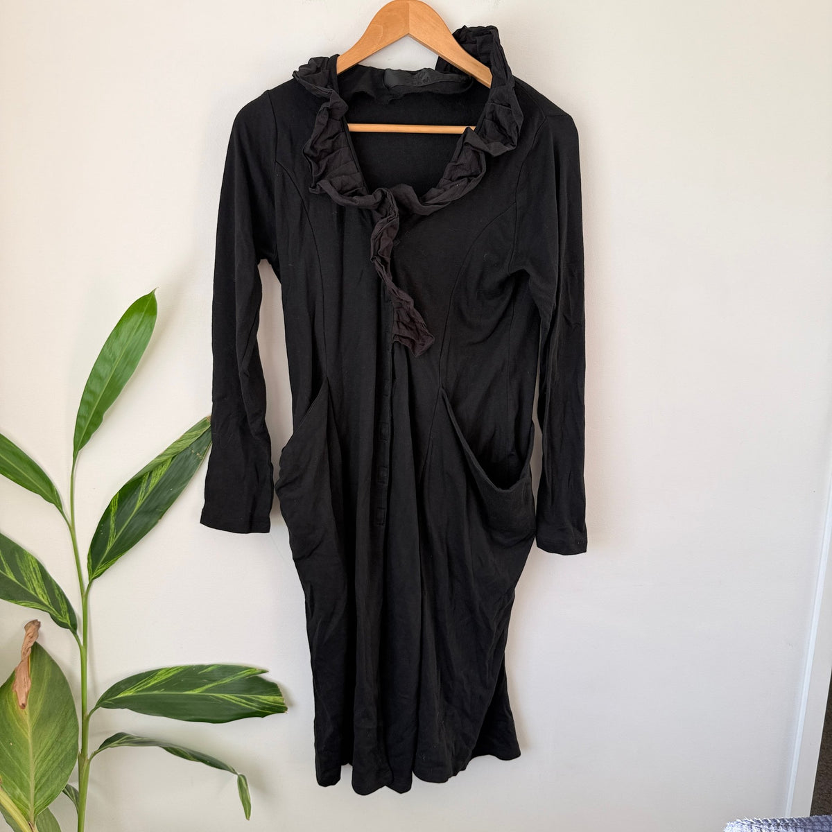 Marilyn Seyb Glamour Black Ruffle Neck Jersey Dress with Pockets