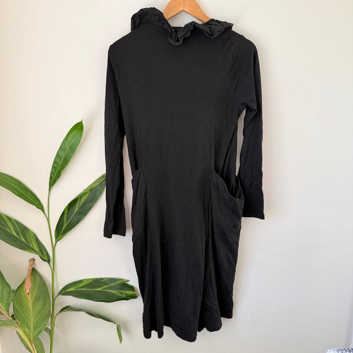 Marilyn Seyb Glamour Black Ruffle Neck Jersey Dress with Pockets