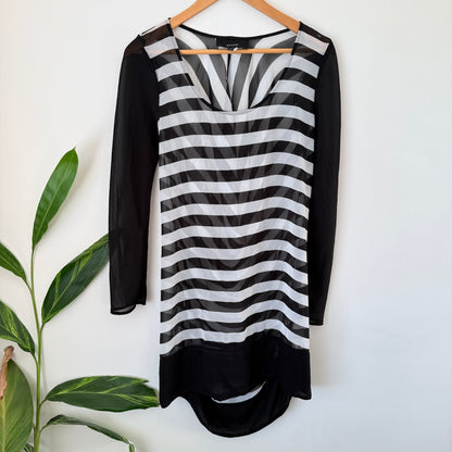 Moochi Black & White Stripe Sheer Sleeve Drape Back Dress Size 8