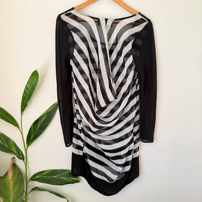 Moochi Black & White Stripe Sheer Sleeve Drape Back Dress Size 8