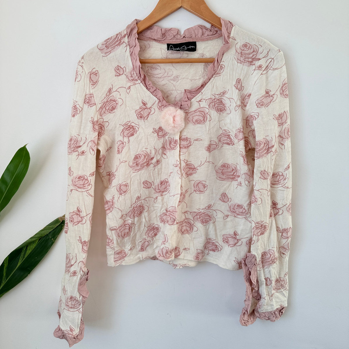 Annah Stretton Cream & Pink Rose Print Ruffle Trim Cardigan Size L