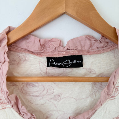 Annah Stretton Cream & Pink Rose Print Ruffle Trim Cardigan Size L