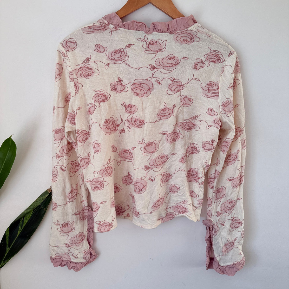 Annah Stretton Cream & Pink Rose Print Ruffle Trim Cardigan Size L