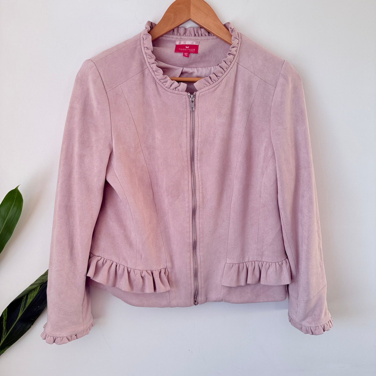 Together Dusty Pink Suedette Ruffle Trim Zip Jacket Size 38