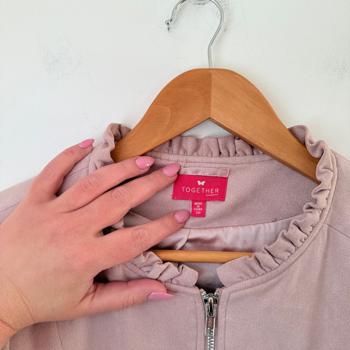 Together Dusty Pink Suedette Ruffle Trim Zip Jacket Size 38