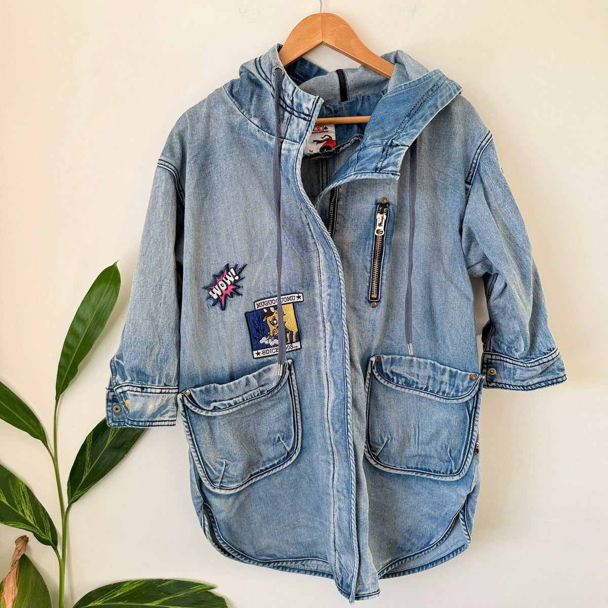 Muguoguomu Y2K Light Wash Denim Hooded Patch Jacket Size M