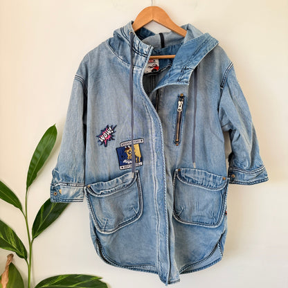 Muguoguomu Y2K Light Wash Denim Hooded Patch Jacket Size M