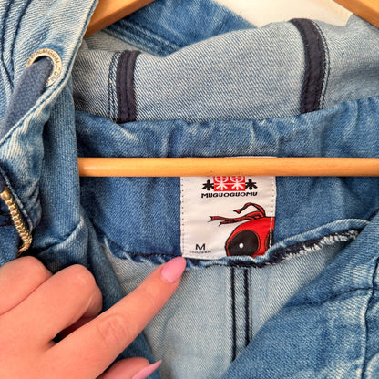 Muguoguomu Y2K Light Wash Denim Hooded Patch Jacket Size M