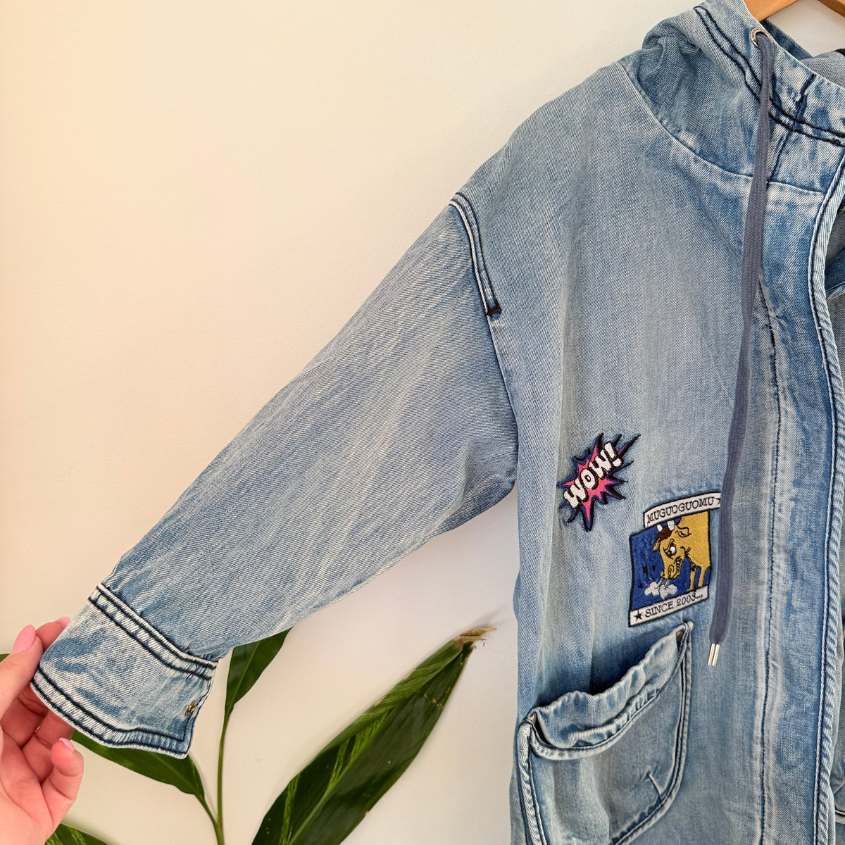 Muguoguomu Y2K Light Wash Denim Hooded Patch Jacket Size M