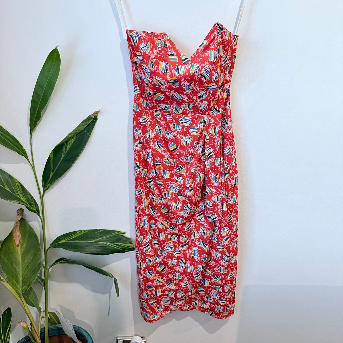 Vintage Cue Abstract Print Strapless Midi Dress Size 10 | U/Arm to U/Arm 37cm