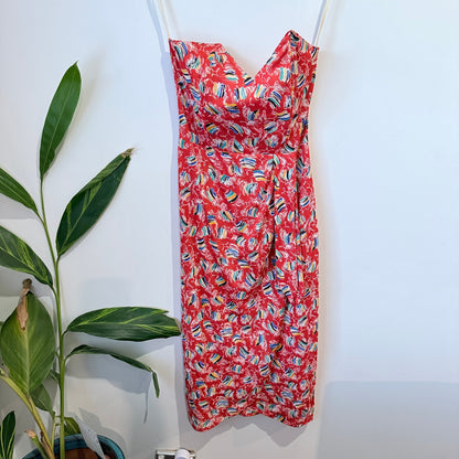 Vintage Cue Abstract Print Strapless Midi Dress Size 10 | U/Arm to U/Arm 37cm