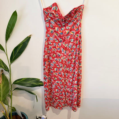 Vintage Cue Abstract Print Strapless Midi Dress Size 10 | U/Arm to U/Arm 37cm