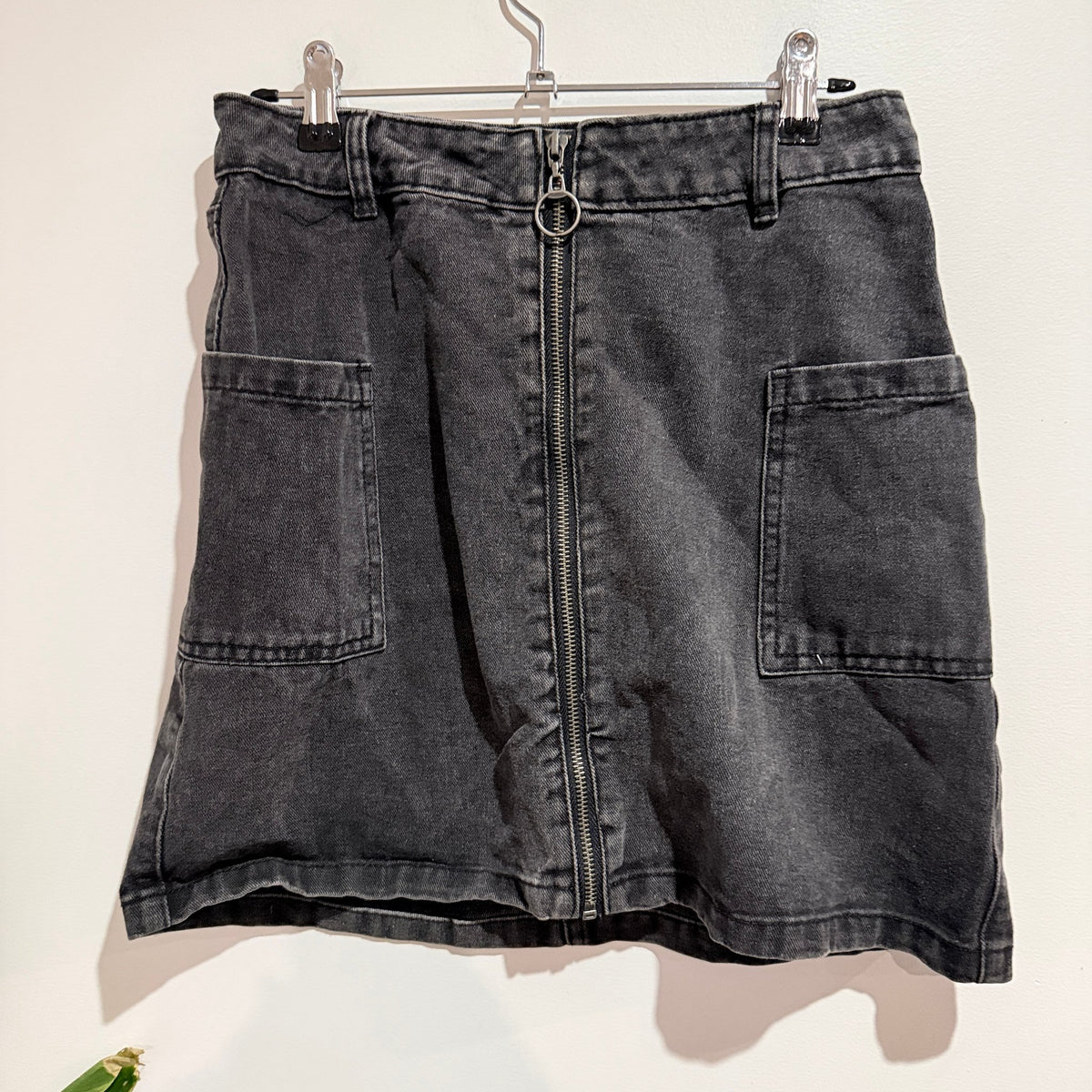 Cotton On Washed Black Denim Zip Front A-Line Mini Skirt Size 10