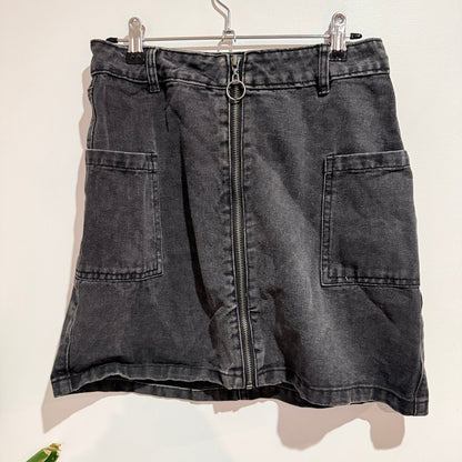 Cotton On Washed Black Denim Zip Front A-Line Mini Skirt Size 10