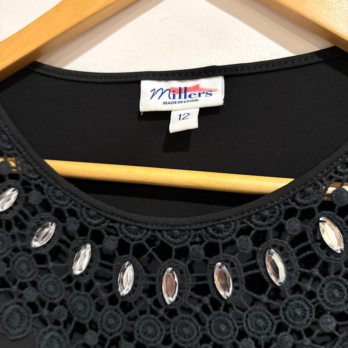 Millers Black Embellished Crochet Neck 3/4 Sleeve Top Size 12