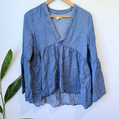 Blue Chambray V-Neck Tiered Long Sleeve Top