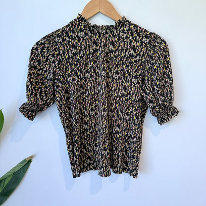 Miss Selfridge Black Floral Plisse Puff Sleeve Top Size UK 6