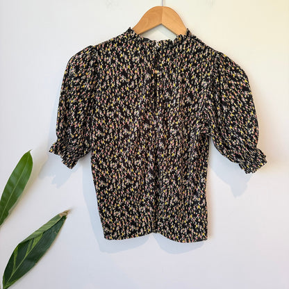 Miss Selfridge Black Floral Plisse Puff Sleeve Top Size UK 6