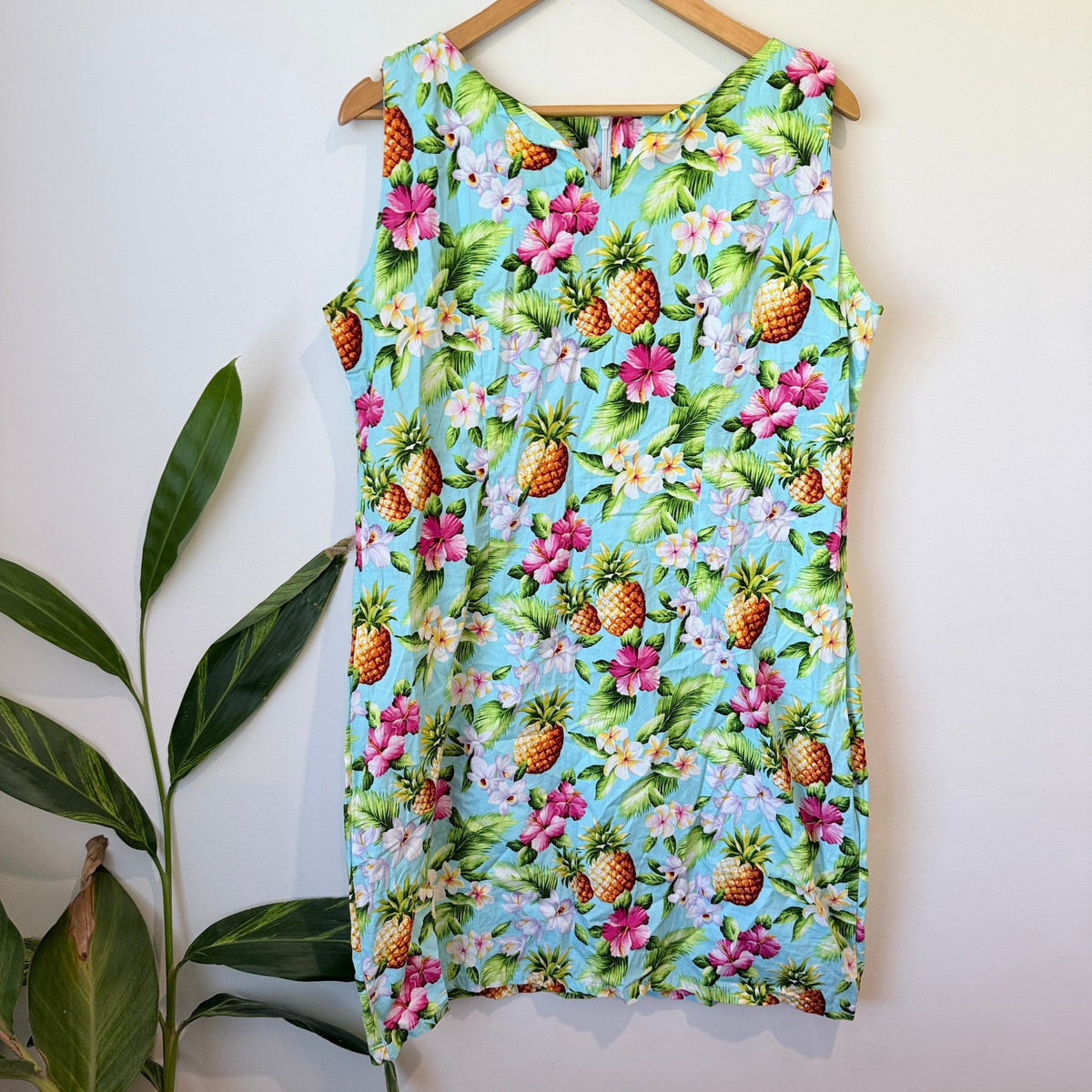 Kai-Veikau Fiji Aqua Pineapple & Hibiscus Print Cotton Shift Dress Size 16