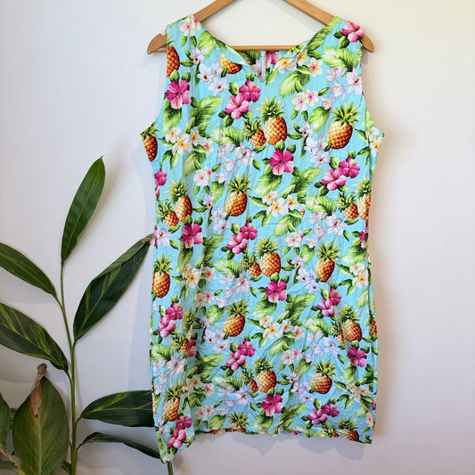 Kai-Veikau Fiji Aqua Pineapple & Hibiscus Print Cotton Shift Dress Size 16