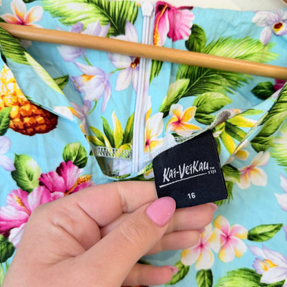 Kai-Veikau Fiji Aqua Pineapple & Hibiscus Print Cotton Shift Dress Size 16