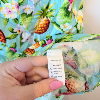Kai-Veikau Fiji Aqua Pineapple & Hibiscus Print Cotton Shift Dress Size 16
