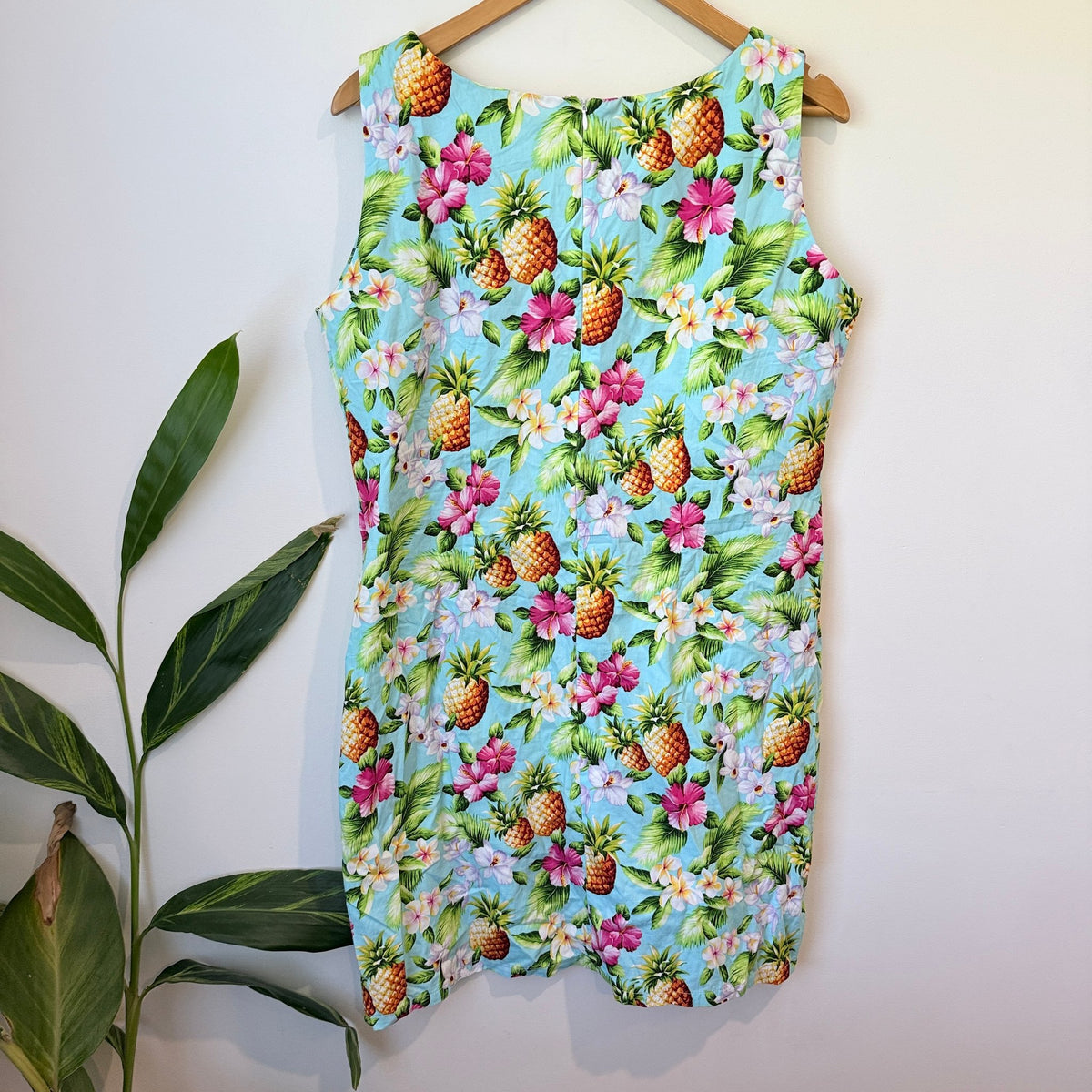 Kai-Veikau Fiji Aqua Pineapple & Hibiscus Print Cotton Shift Dress Size 16