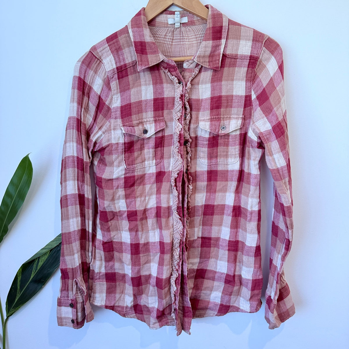 Joie Pink & Cream Check Ruffle Front Cotton Shirt Size M