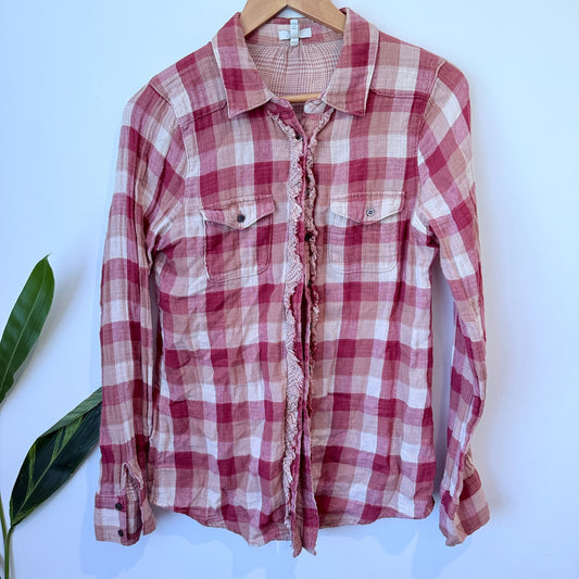 Joie Pink & Cream Check Ruffle Front Cotton Shirt Size M