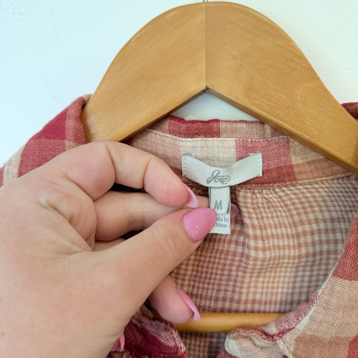 Joie Pink & Cream Check Ruffle Front Cotton Shirt Size M