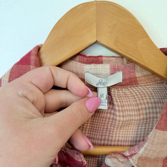 Joie Pink & Cream Check Ruffle Front Cotton Shirt Size M