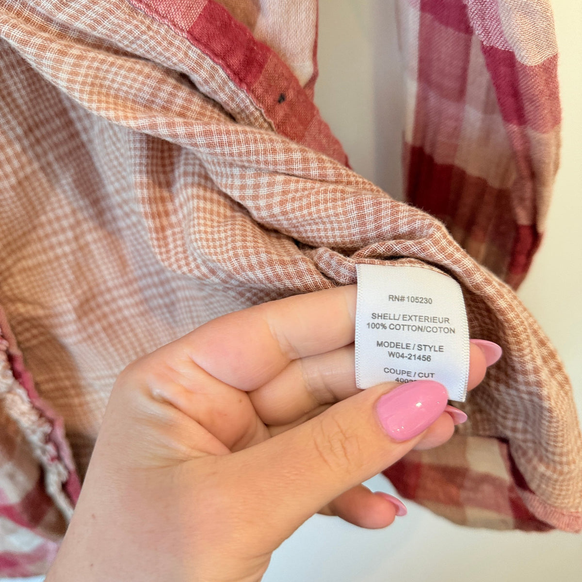 Joie Pink & Cream Check Ruffle Front Cotton Shirt Size M