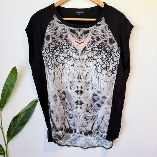 Storm Black & Grey Feather Print Panel Top
