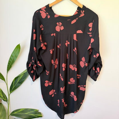 Whistle Black & Coral Floral Print Tunic Blouse Size 10