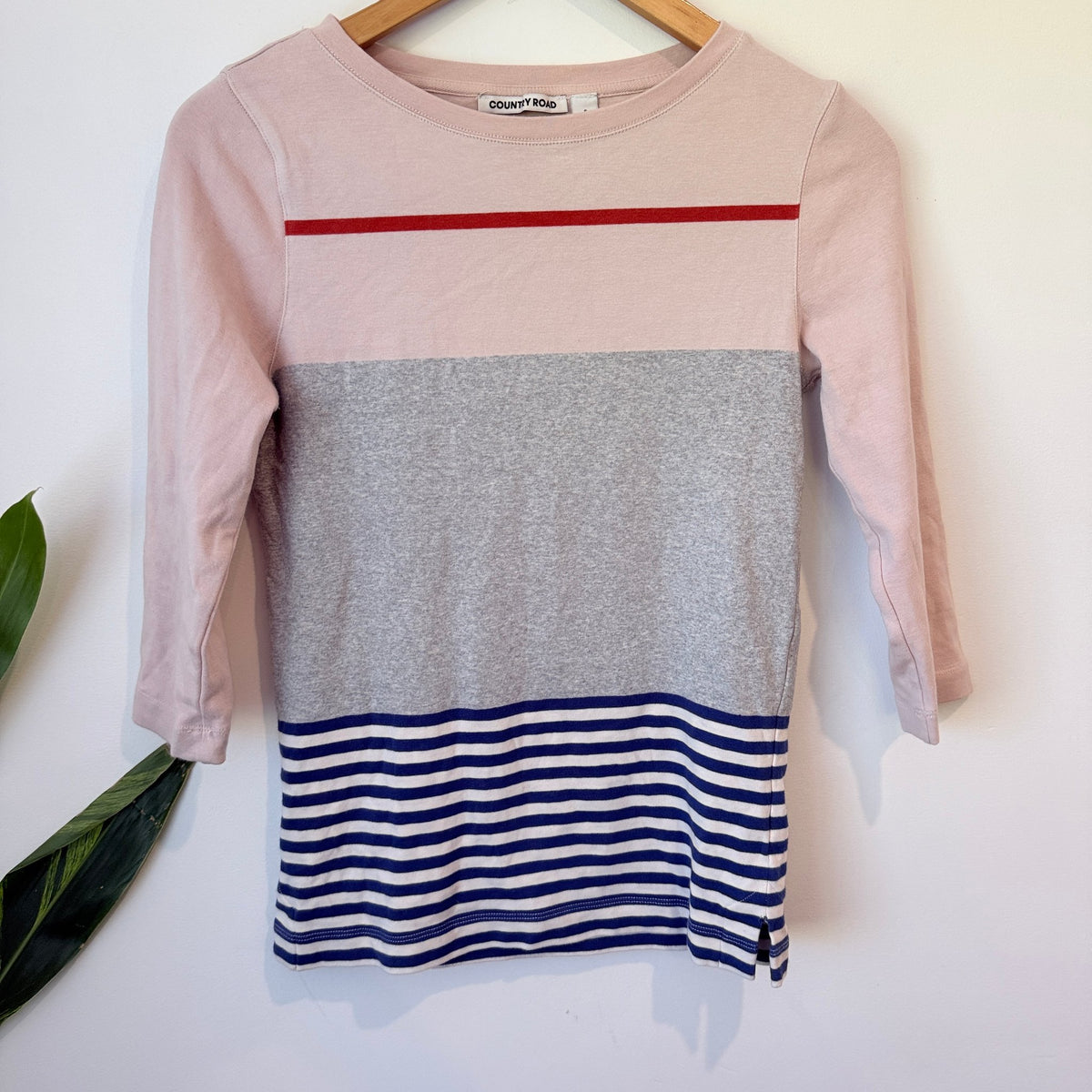 Country Road Pink Grey & Navy Colour Block Stripe Tee Size S