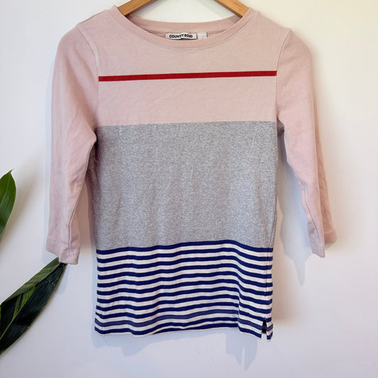 Country Road Pink Grey & Navy Colour Block Stripe Tee Size S